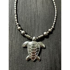 Hematite Sea Turtle on Heematite Bead Necklace Black 18 inches